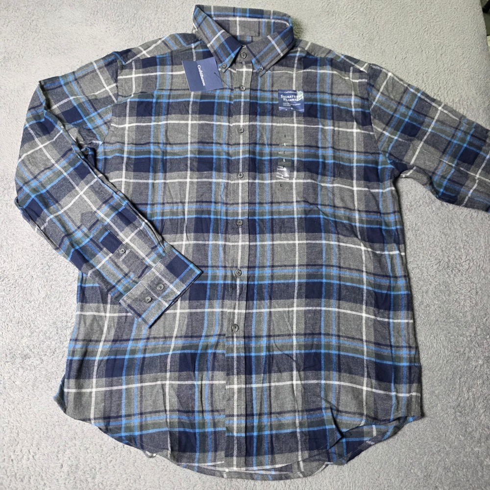 Croft & Barrow Mens L Flannel Shirt Grey Blue Plaid Signature Long Sleeve NWT